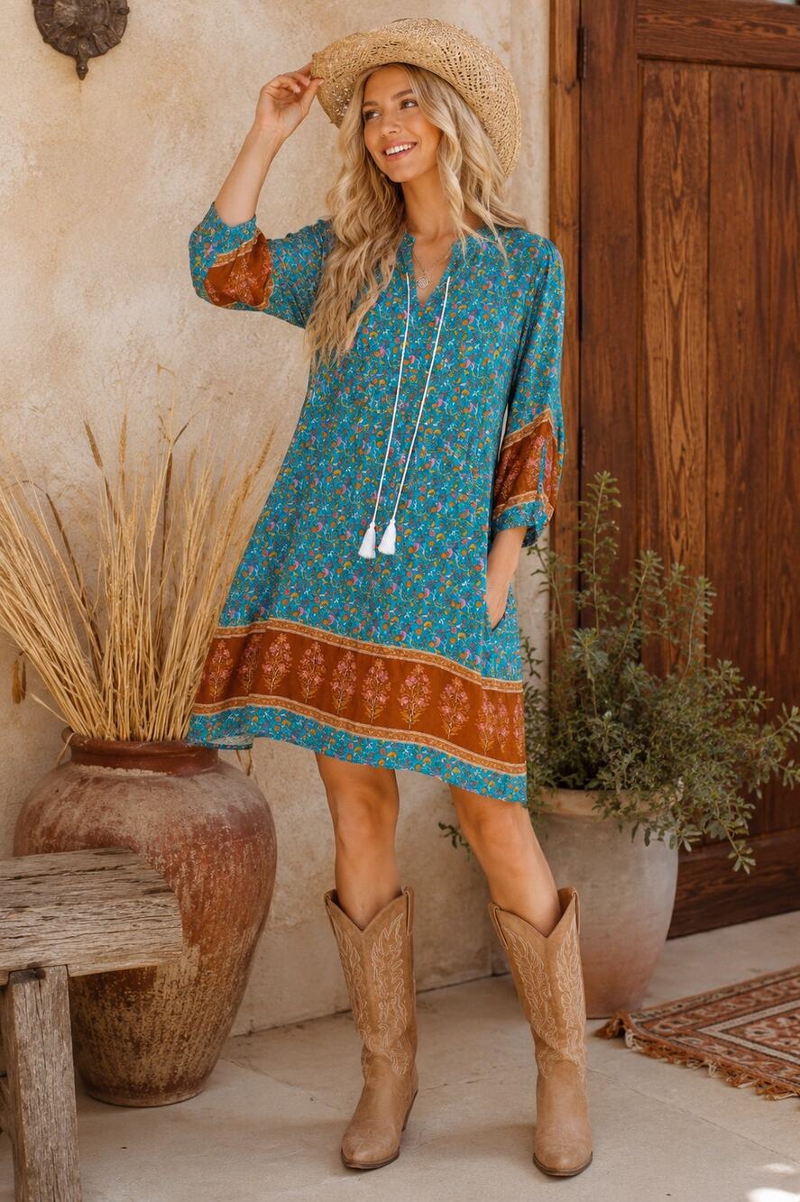 Halife Boho Floral Tunic Dress Women 2XL XXL Turquoise Rust Border Print Tassels